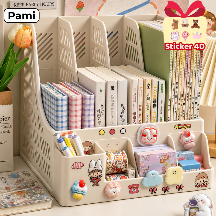 (HÀNG LOẠI 1- Tặng Sticker) Kệ Đựng Tài Liệu Văn Phòng 4 Ngăn Kèm Khay Đựng Bút, Kệ Đựng Sách Vở Để Bàn Gấp Gọn