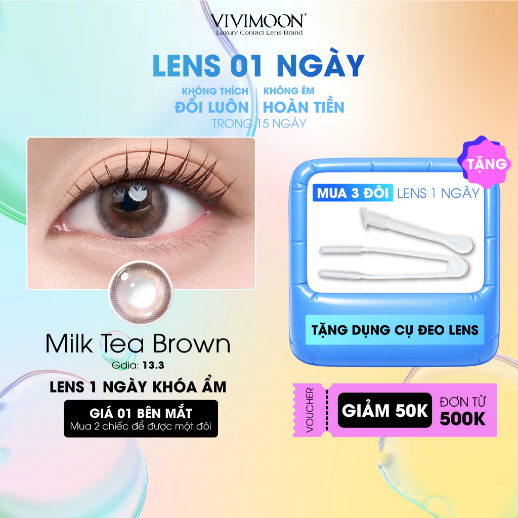 VIVIMOON lens cận 1 ngày Milk Tea Brown, kính áp tròng khóa ẩm màu nâu trà sữa (Giá 1 chiếc-1 bên mắt, x2 để mua 1 đôi)