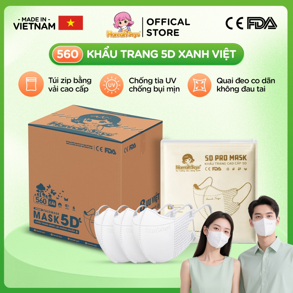 Khẩu trang 5D chống tia UV, chống nắng, bụi mịn 3 lớp Hannah seyo