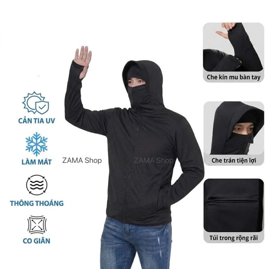 Áo Chống Nắng 2 Lớp  NAM Unisex Chất Liệu Hạt Gạo Kim Cương Thông Hơi Khóa Kéo Mũ Trùm Kín Mặt Chống Tia UV