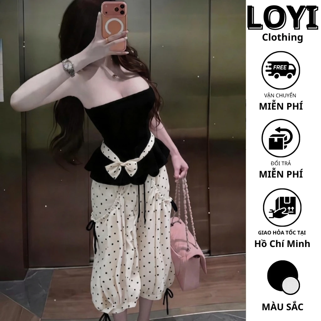 [Hỏa Tốc] Set Nữ Áo Quây Đính Nơ + Quần Chấm Bi Bo Ống Dáng Lỡ, Set Bộ Đồ Nữ Tiểu Thư Hot Trend