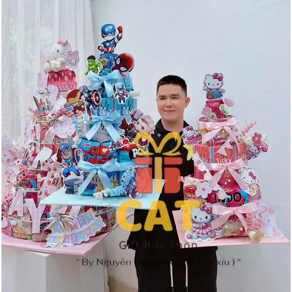 Tháp bánh kẹo sinh nhật đa chủ đề, tráp tốt nghiệp, Lẵng giỏ quà sinh nhật Hello Kitty , Siêu anh hùng, quà bánh kẹo