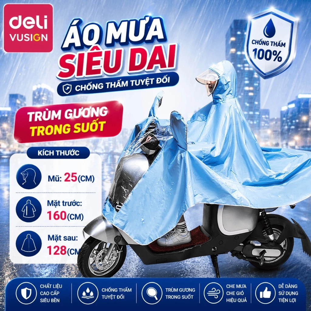 Áo Mưa Xe Máy Chống Thấm DELI Che phủ Toàn Thân Chống Bắn Bẩn Kèm Kính Chắn Mưa 2 Lớp Có Tai Gương