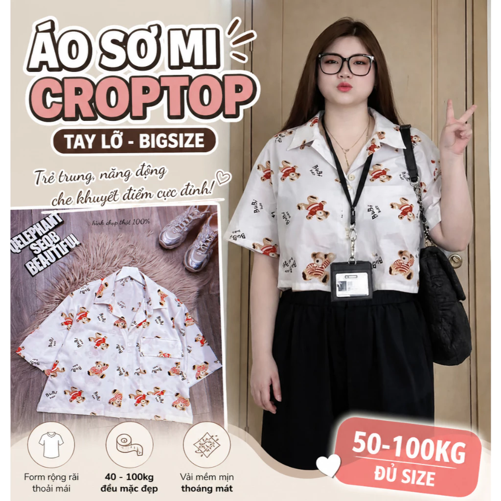 áo sơ mi croptop tay lỡ bigsize ( đủ size 50-100kg)