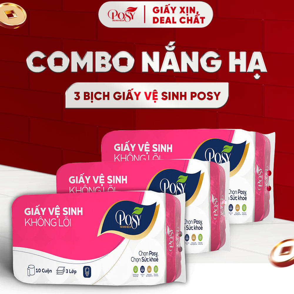 POSY_[COMBO NẮNG HẠ] - Combo 3 bịch giấy vệ sinh POSY 10 cuộn 3 lớp có lõi/ không lõi mềm mịn, dễ tan trong nước