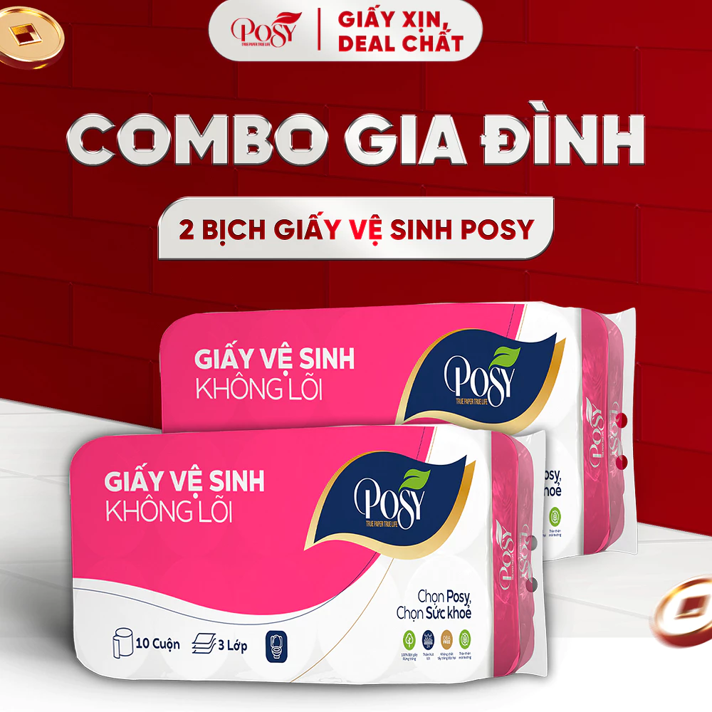 POSY_[COMBO GIA ĐÌNH] - MUA 2 BỊCH GVS POSY 10 CUỘN 3 LỚP CÓ LÕI - KHÔNG LÕI mềm mịn, tiết kiệm cho gia đình