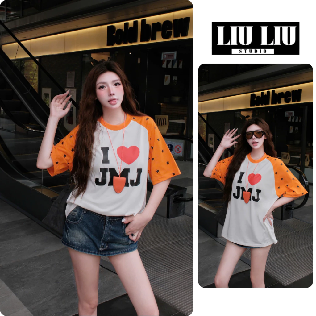 Áo Thun I Love JMJ LIULIU STUDIO L31 Form Rộng Oversize Phối Tay Cam Cá Tính cotton 2 chiều in chữ cá tính trẻ trung