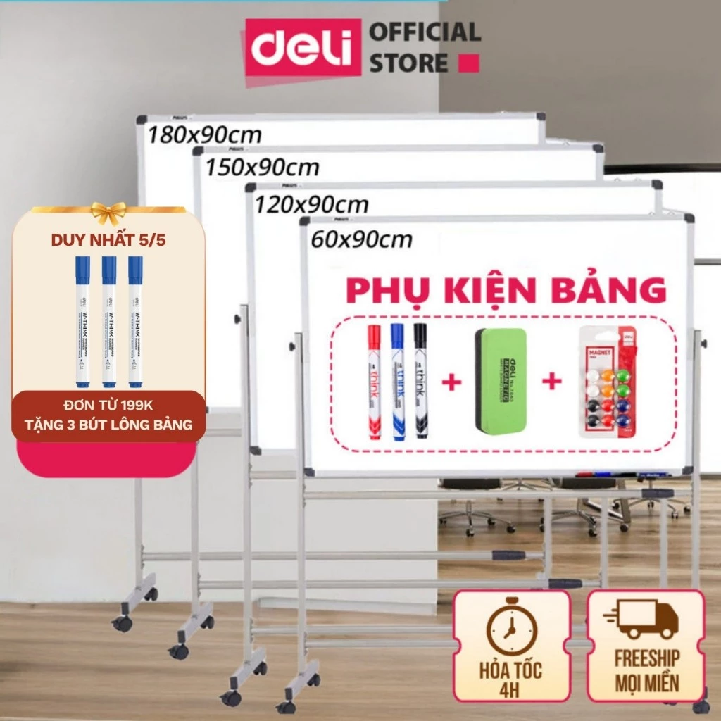 [DELI VPP] Bảng Từ Trắng Hai Mặt Deli Xoay 360 Có Chân Di Động Chữ H Chỉnh Độ Cao Cho Văn Phòng