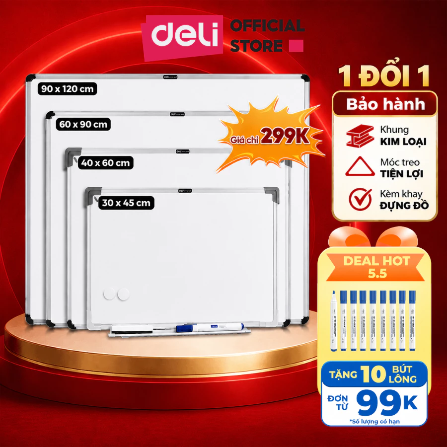 Bảng Từ Trắng Deli Bảng Mica Từ Tính Nam Châm Bảng Fooc Trắng, Móc Treo Văn Phòng Nhà Trường Nhiều Kích Thước