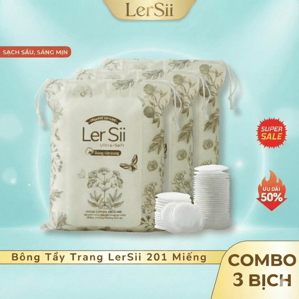 [COMBO 3 BỊCH] Bông Tẩy Trang LerSii 201 miếng 100% Cotton Tự Nhiên - Chăm Sóc Da Tinh Tế Nhẹ Nhàng