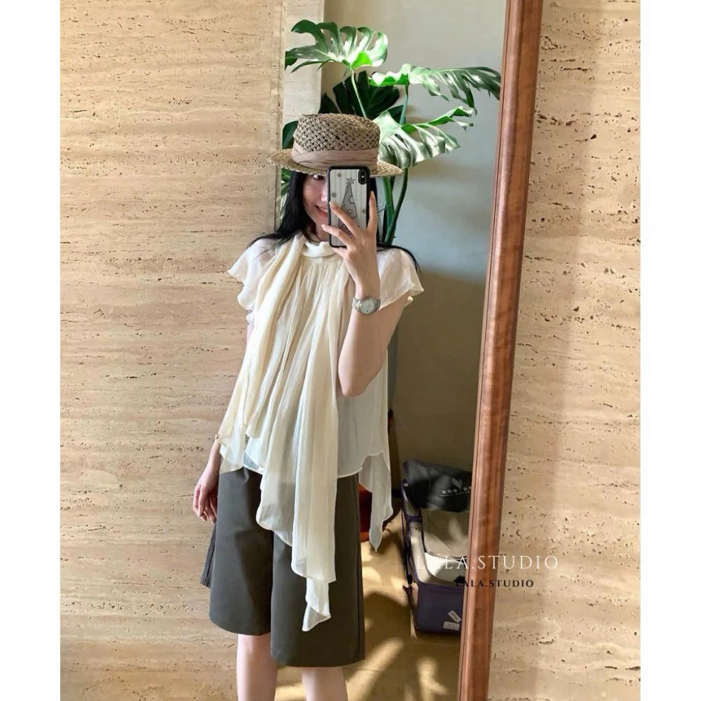 Camille top• LALASTUDIO• Áo tơ cộc tay phối bèo xếp ly vạt lệch nơ buộc tiểu thư sang chảnh ( hàng chuẩn)