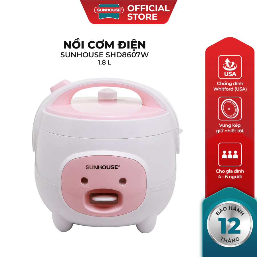 Nồi cơm điện nắp cài Sunhouse Mama 1.8 lít SHD8606 - SHD8607W- Hai màu xanh, hồng