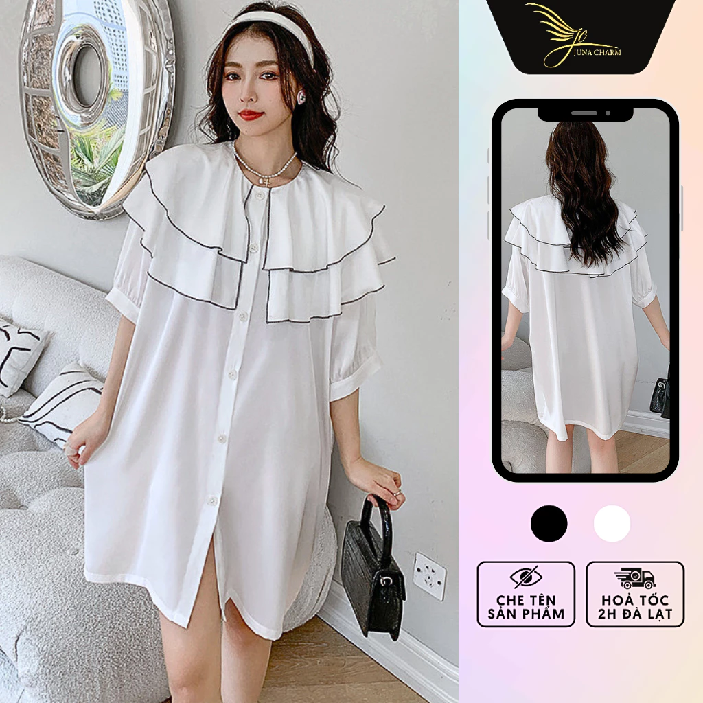 Đầm Ngủ Sơ Mi, Váy Ngủ Tay Lỡ Bánh Bèo JUNA Freesize Thời Trang Đồ Ngủ Dành Cho Nữ, Chất Lụa Cao Cấp, Màu Trắng/SP6272