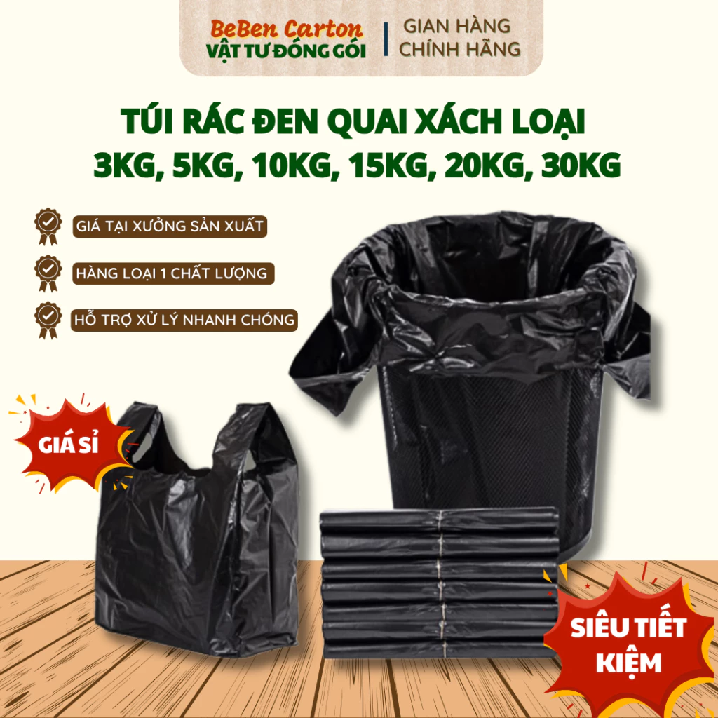 (GIÁ XƯỞNG) 1KG Túi Đen Đựng Rác Đủ Kích Thước, Gói Hàng Siêu Tiết Kiệm - Bé Bền Carton