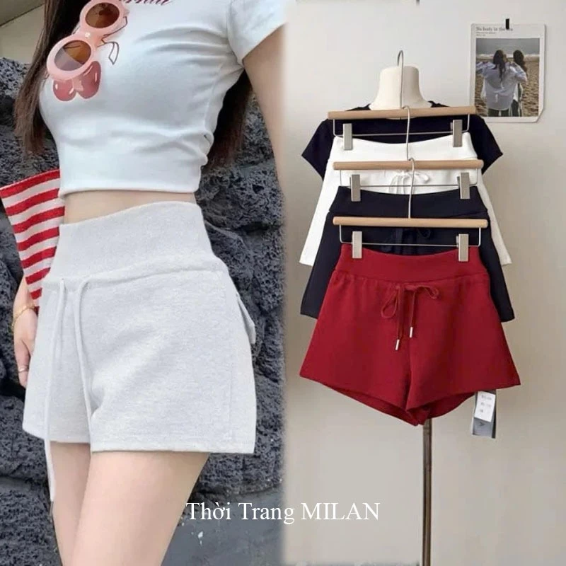 Quần Short Nữ Co Giãn Cạp Cao Đi Biển Ở Nhà Thể Thao Dáng Quần Đùi Nữ Mùa Hè Có Túi Dây Rút Lưng Cao Vải 2 Da Mềm Mịn