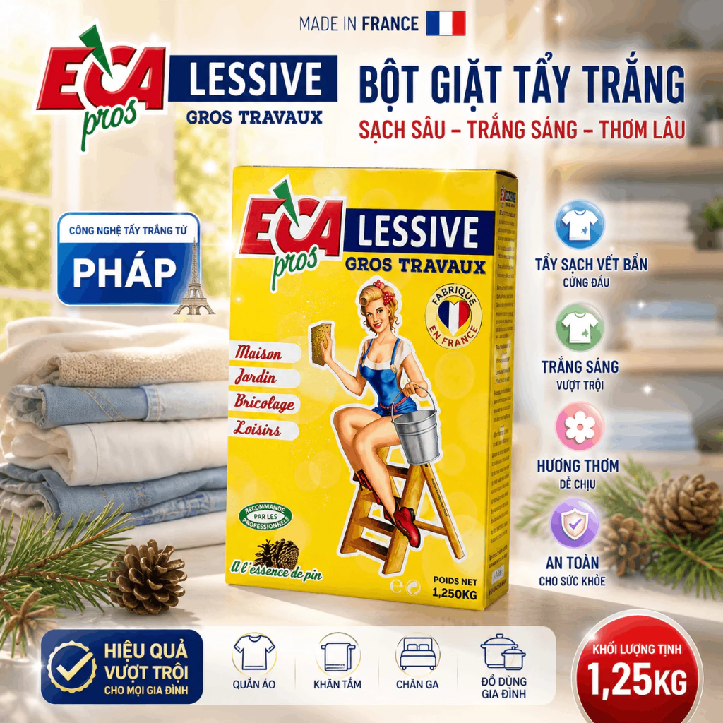 Bột tẩy trắng đa năng ECA Lessive Pháp 1.25kg tẩy sạch vết bẩn dầu mỡ cứng đầu hương tinh dầu thông