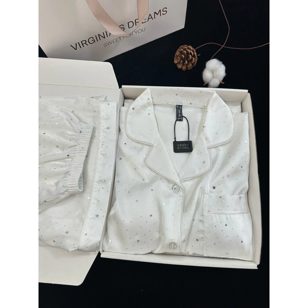 [26235] Bộ ngủ pijama cộc tay Ice Silk cho nữ hoạ tiết sao lấp lánh basic dáng rộng thoải mái mặc ở nhà