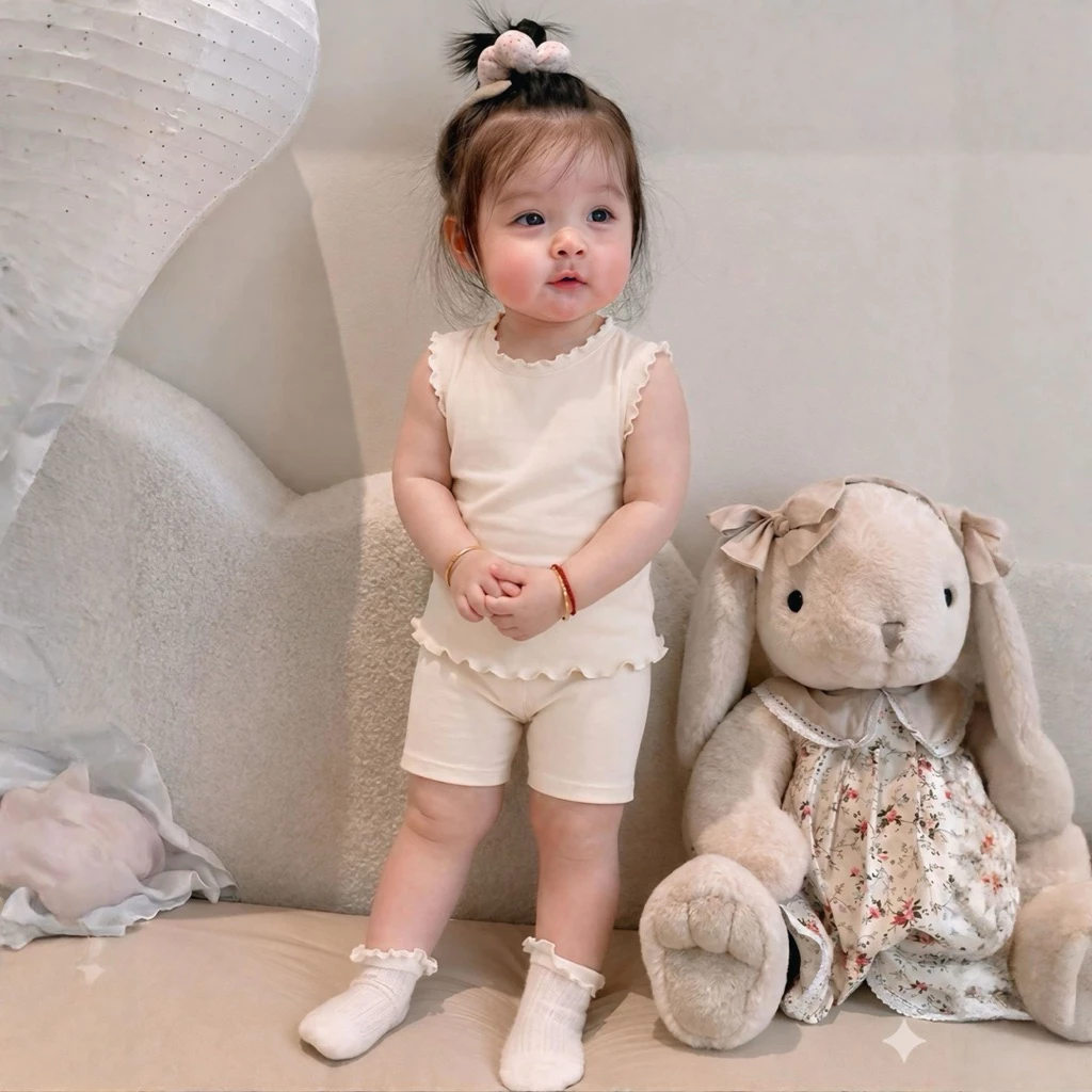 BỘ COTTON ZIP HÀN THIẾT KỂ CỔ BÈO CHO BÉ GÁI MẶC MÙA HÈ - THẤM HÚT MỒ HÔI TỐT