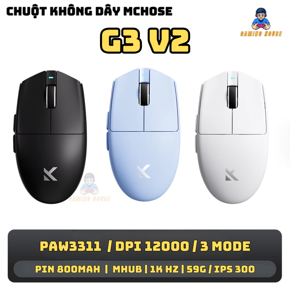 Chuột không dây Mchose G3 V2 - 3 mode kết nối - Pin 800mah - Chip 3311 - DPI 22000