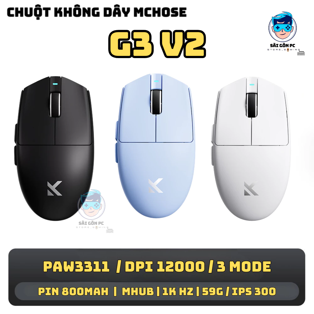 Chuột không dây bluetooth Mchose G3 V2 - 3 mode kết nối - DPi 12000 - Chip 3311 - Pin 800mah