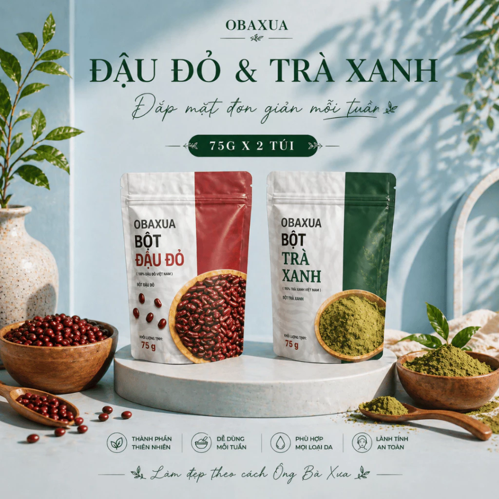OBAXUA – Combo Đậu Đỏ & Trà Xanh – Đắp Mặt Thư Giãn Tại Nhà | 75g