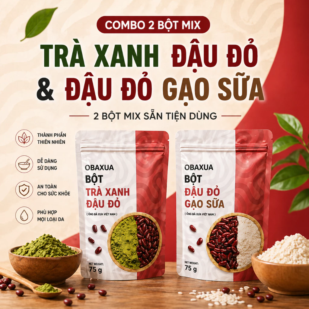 OBAXUA – Combo Đậu Đỏ Cám Gạo & Trà Xanh Đậu Đỏ – 2 Bột Mix Sẵn Tiện Dùng | 75g