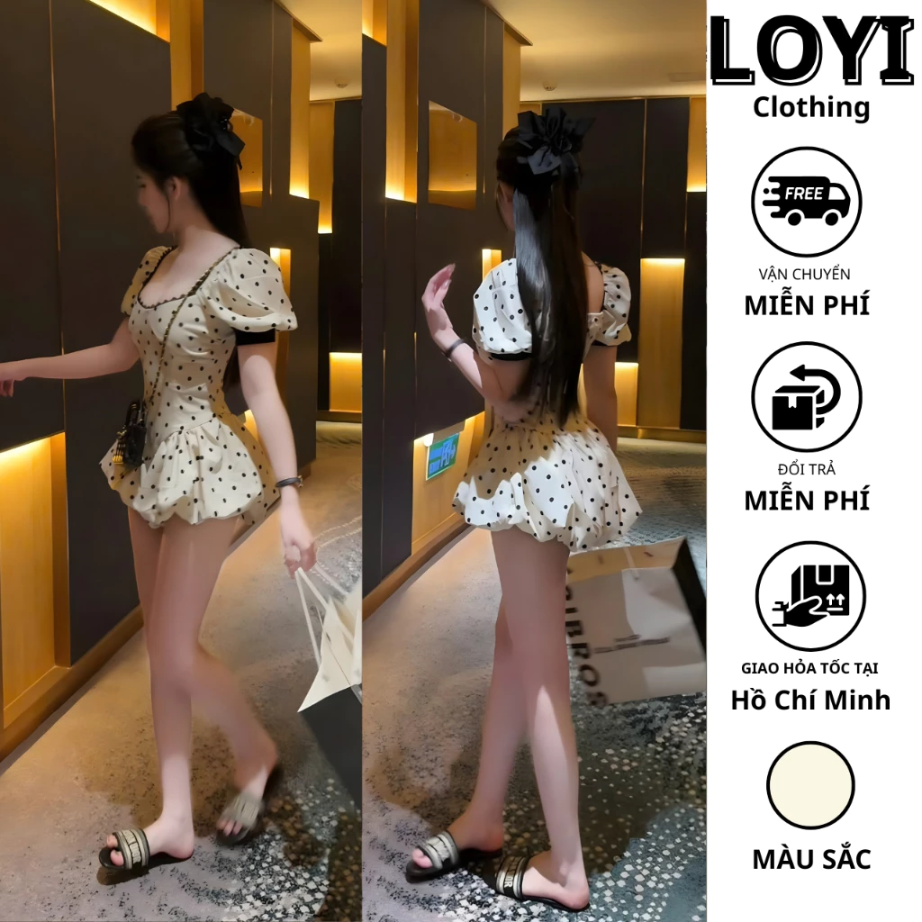 [Hỏa Tốc] Váy Nữ Chấm Bi Tay Phồng Phối Ren Dáng Bí Ngắn, Đầm Xòe Cổ Vuông Sang Chảnh Dễ Thương