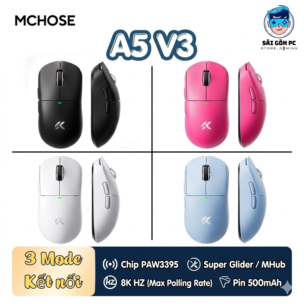 Chuột gaming không dây Mchose A5 V3 - Chip PAW3395 - Poling Rate 8K HZ - 3 Mode kết nối - DPI 26000 - Pin 500mah