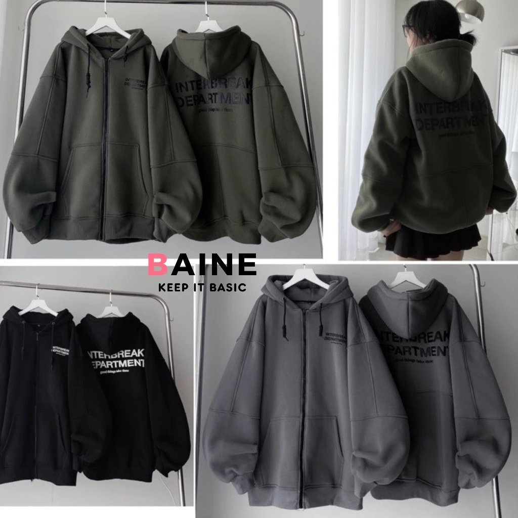 Áo Khoác INTER BREAK Nam Nữ In Nổi Chất Nỉ Bông Dày Dặn KN19, Áo Hoodie Dây Kéo Zip Unisex Form Rộng Nhiều Màu BAINE