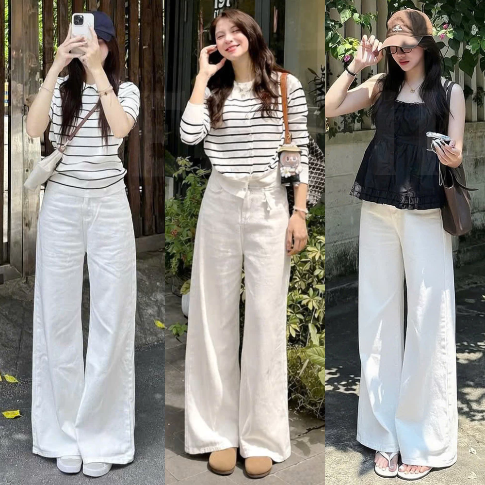 (ẢNH OLDSCHOOL) Quần jeans TRẮNG ỐNG SUÔNG LOE form rộng dài chùm phủ chân Q7767, Quần Bò Trắng Ống Rộng MIAA Cạp cao