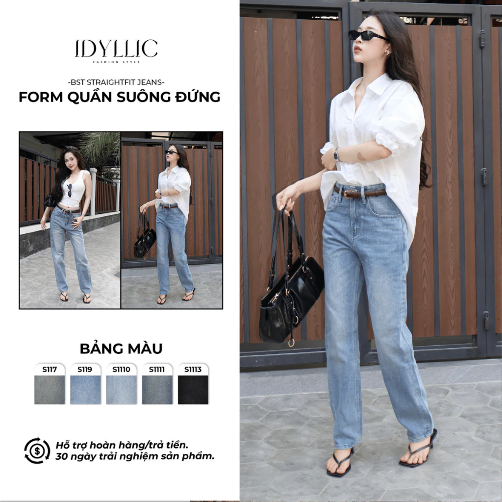 Quần Jeans Nữ Ống Suông Đứng Chất Denim Wash Vintage Form Quần Bò Nữ Basic Không Co Giãn IDYLLIC