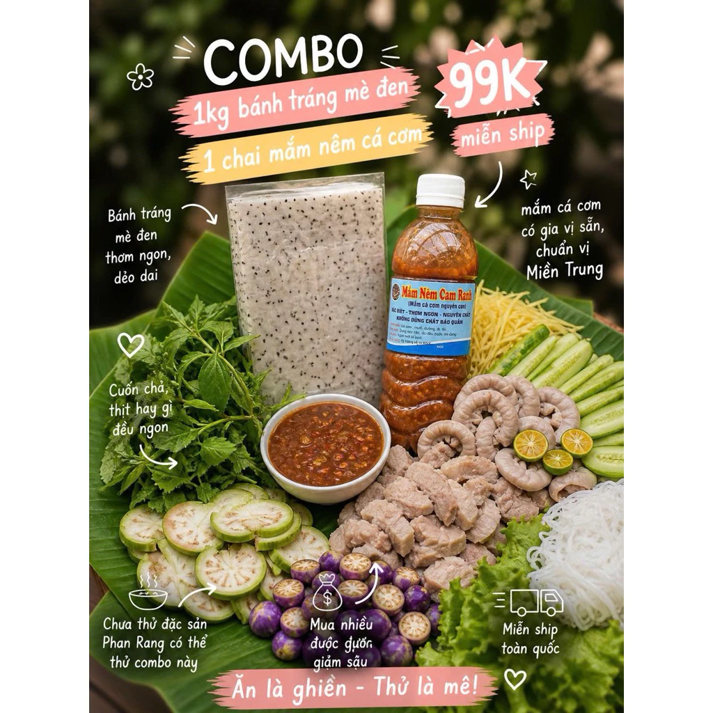 Combo ăn thử đặc sản Phan Rang gồm 1kg bánh mè và 1 chai mắm nêm cá cơm, Bánh tráng gạo mè đen loại 1 Đặc sản Phan Rang
