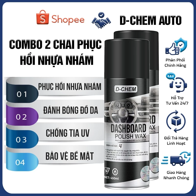 [COMBO 2 CHAI] [Chai Lớn 450ml] Phục Hồi Nhựa Nhám D-Chem Chính Hãng Dưỡng & Đánh Bóng Nhựa Nhám Ô Tô Xe Máy