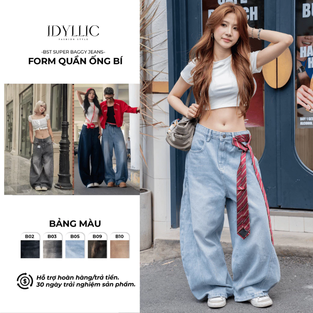 Quần Jean Ống Bí Nữ Denim Đứng Form Wash Vintage Form Quần Ống Tôn Dáng Phong Cách  Rộng IDYLLIC