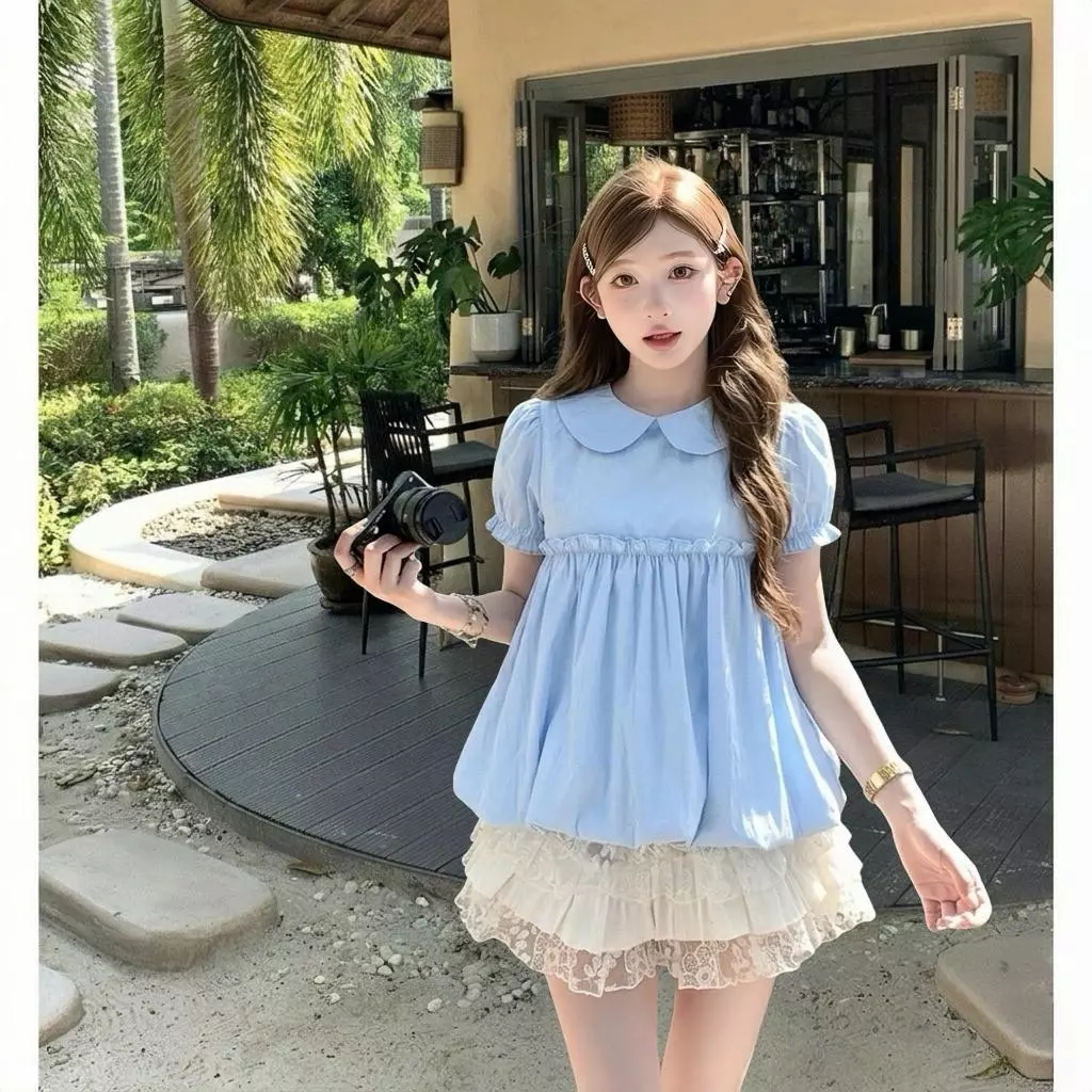 Áo sơ mi kiểu nữ SM441 Kozoda chất gió hàn họa tiết babydoll dáng bí cổ sen viền bèo tiểu thư ngắn tay thời trang nữ Hàn