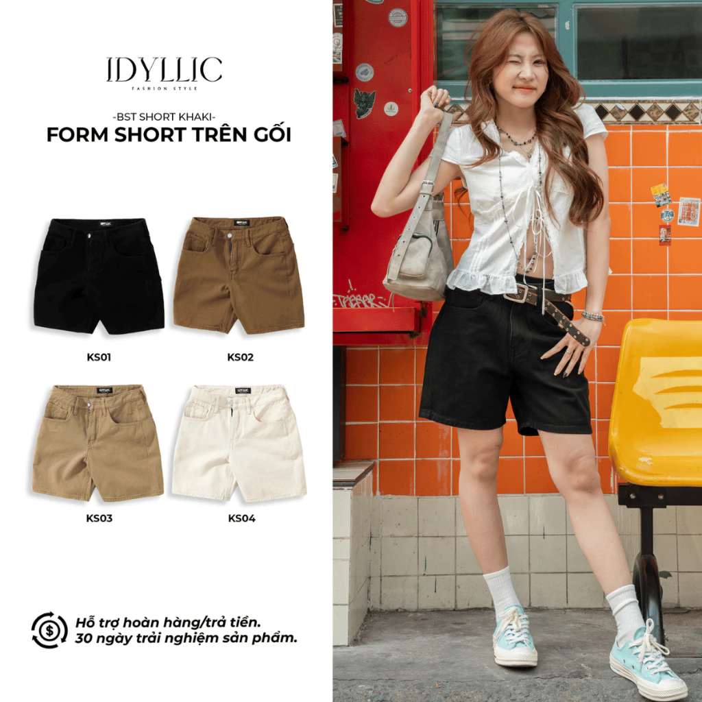 Quần Short Nữ Kaki Denim Form Quần Ngắn Trên Gối Unisex Form Rộng Cạp Cao Phù Hợp Mặc Đi Biển Đi ChơiIDYLLIC