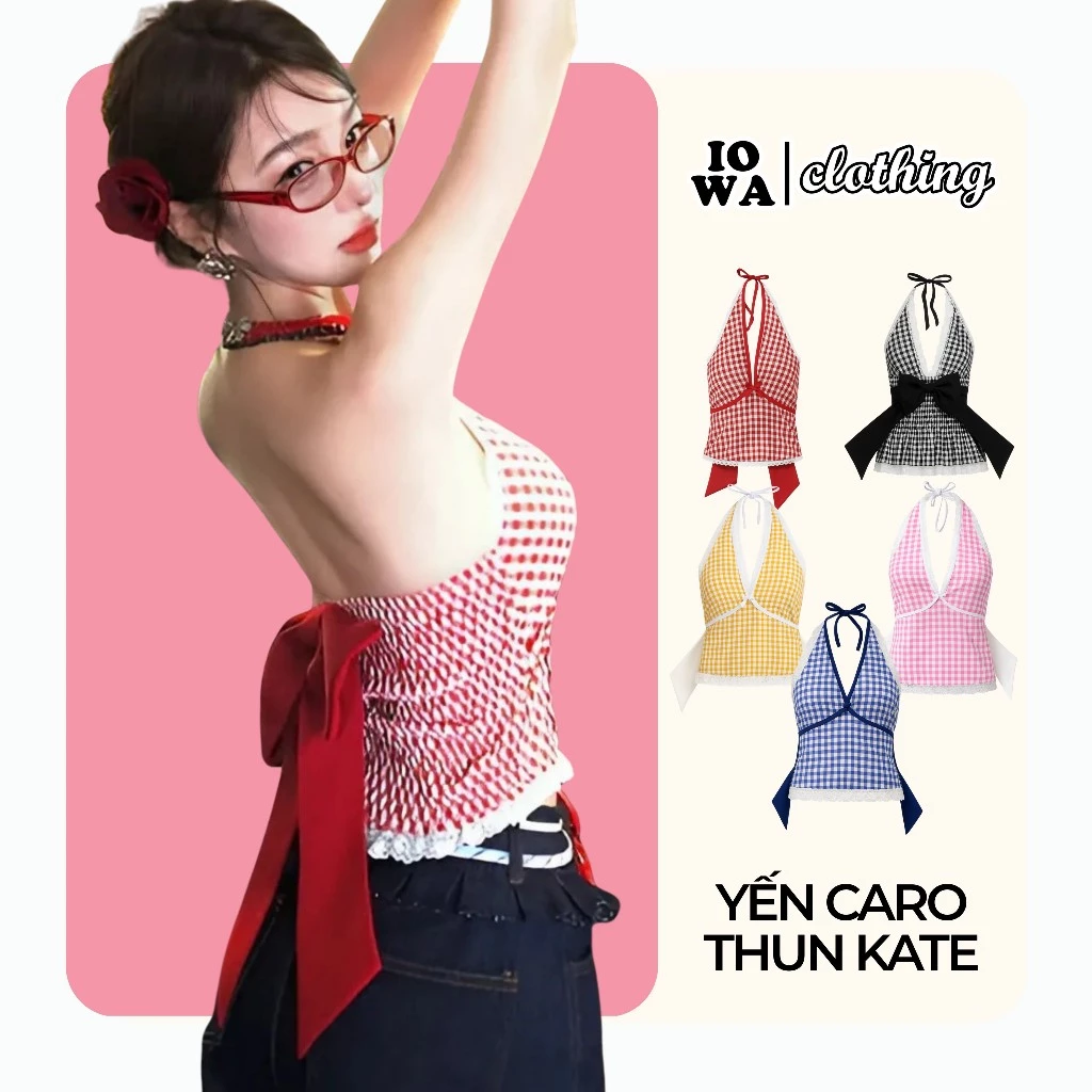 [XẢ HÀNG] Áo Croptop Nữ Yếm Caro Phối Ren Đính Nơ Ôm Body IOWA BM11 - Thun Kate Tôn Dáng