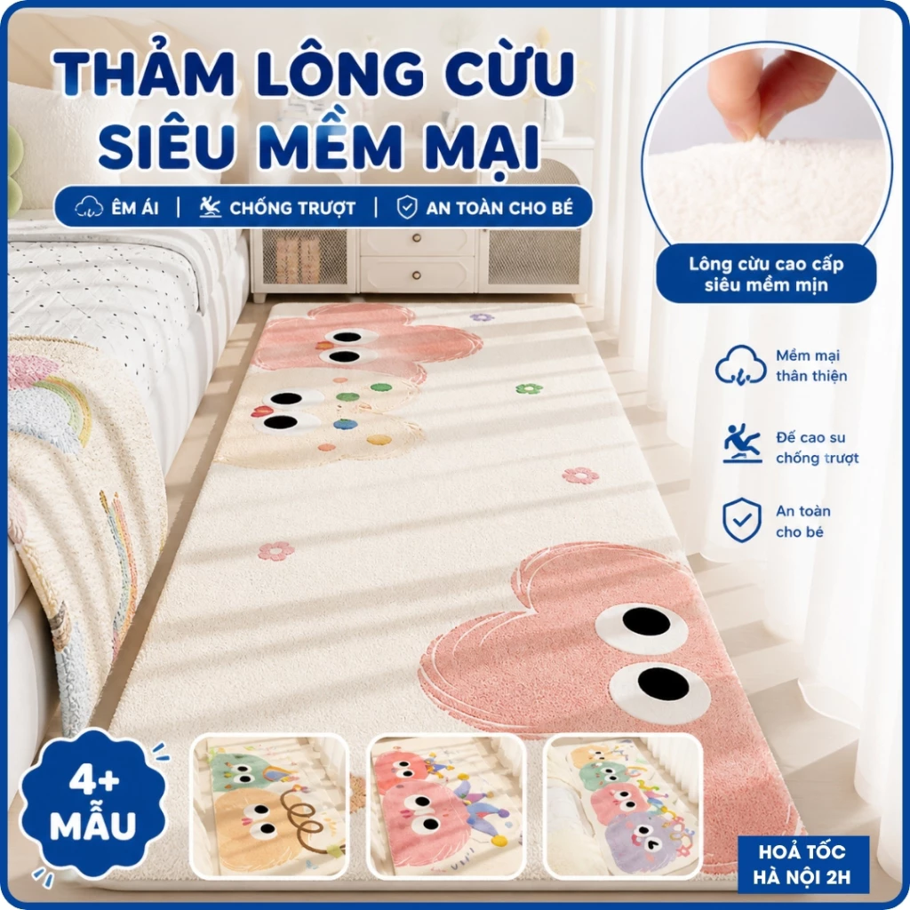 Thảm Chân Giường 40x120cm Hoạt Hình Dễ Thương – Thảm Lông Mịn Giả Cừu Êm Ái, Chống Trượt