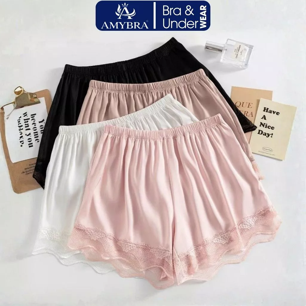 Quần Đùi Nữ Mặc Nhà Chất Lụa Satin Cao Cấp Phối Ren, Quần Mặc Trong Váy Thoáng Mát AMYBRA V550