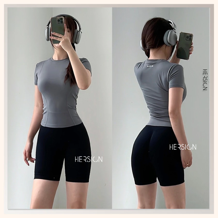 HERSIGN Set thể thao nữ ngắn tay chạy bộ đạp xe Bộ đồ tập gym nữ đùi SMIXA20N20A BST HERSIGN OPEN AIR