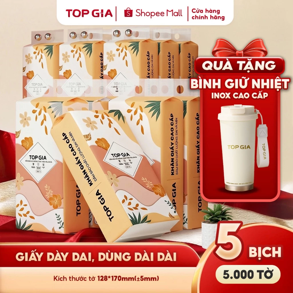 (TẶNG BÌNH GIỮ NHIỆT) Thùng 5 bịch Khăn giấy Rút đáy Tiểu hạ Topgia 1000 tờ 4 lớp dày dặn, cao cấp