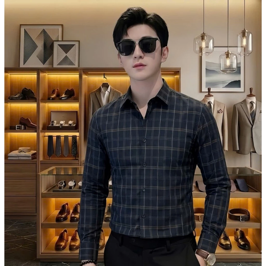 Áo sơ mi nam tay dài kẻ caro ô nhỏ form slimfit basic dễ phối đồ chất vải ít nhăn-AHFASHION