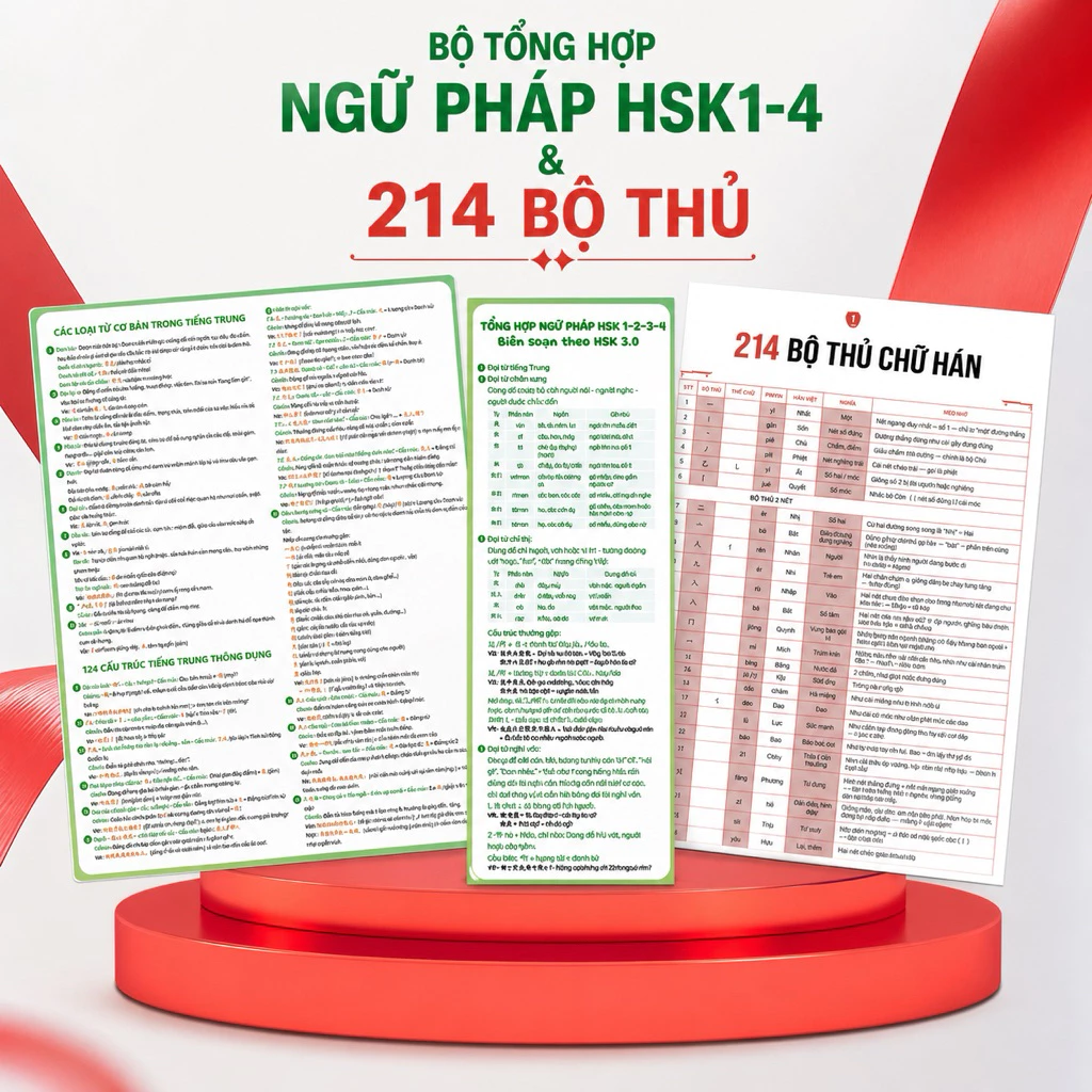 Combo 3 Tờ Gấp Tổng Hợp Ngữ Pháp Tiếng Trung Hsk1-4, 214 Bộ Thủ chữ Hán & 100 Cấu Trúc Câu Thông Dụng
