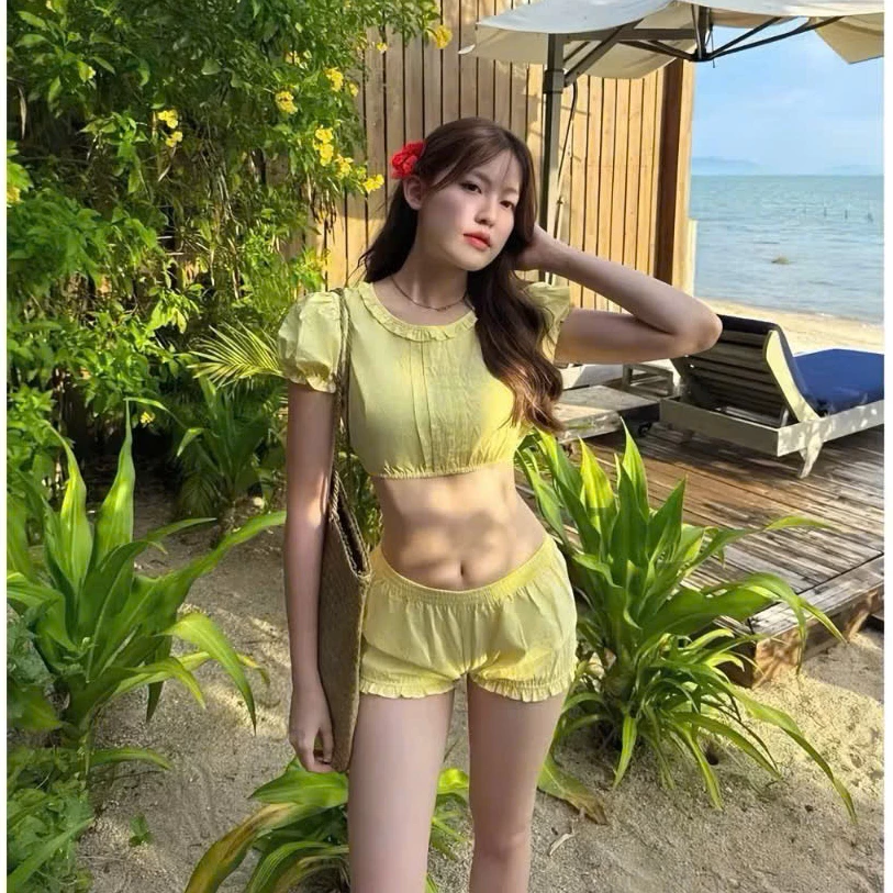 Set Bikini ,Đồ đi Biển 2 chi tiết áo crop tay bồng quần cộc chất LINEN cao cấp, LB64 Lanbishop