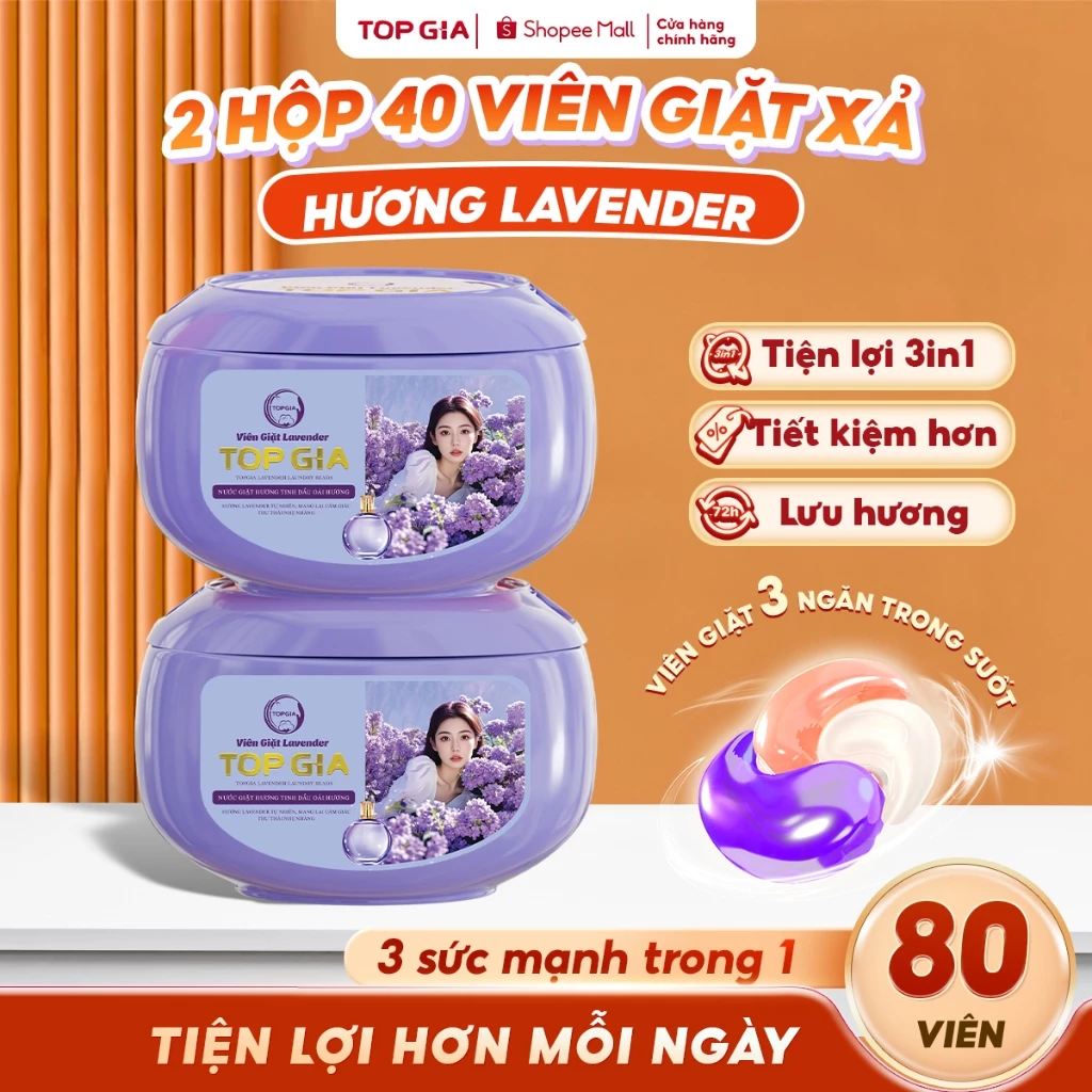 Viên Giặt Xả TopGia 3in1 Hương Hoa Hồng Và Lavender Dịu Nhẹ, Giặt Sạch Tiết Kiệm, Lưu Hương 72h