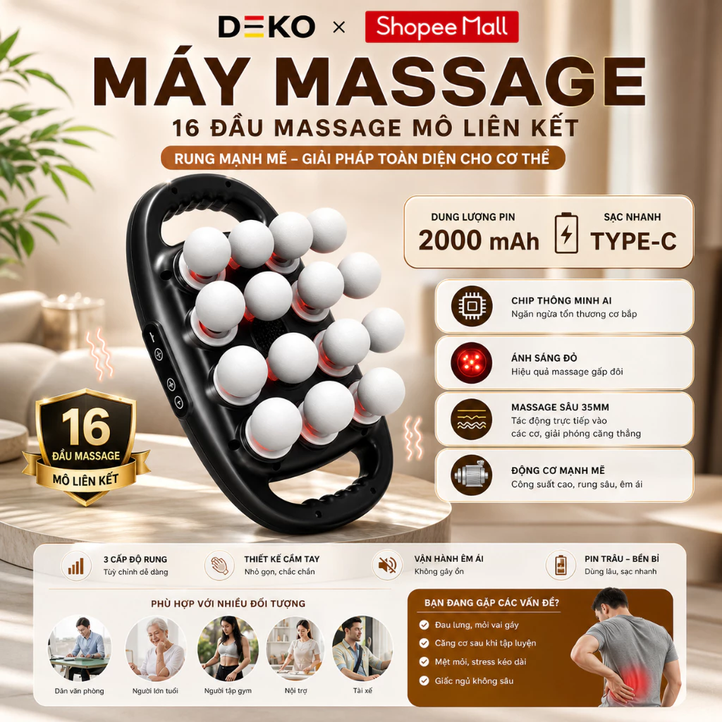 Máy massage cầm tay 16 đầu mát xa toàn thân giúp giảm đau mỏi vai động cơ êm 45dB