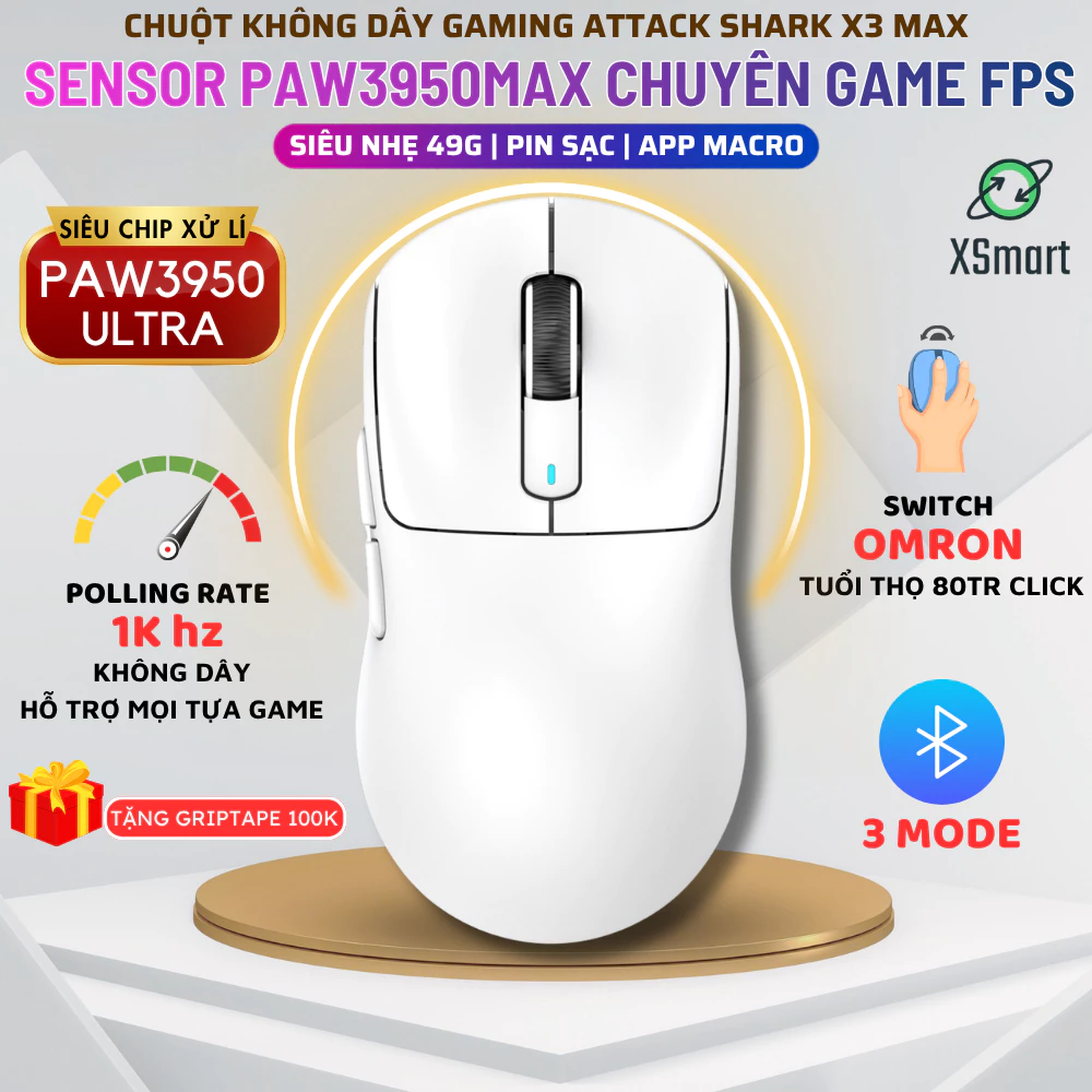 Chuột Không Dây Chuyên Game Attack Shark X3Max Siêu Nhẹ 49G Chip Xử Lí Paw3950Max 42000 DPI