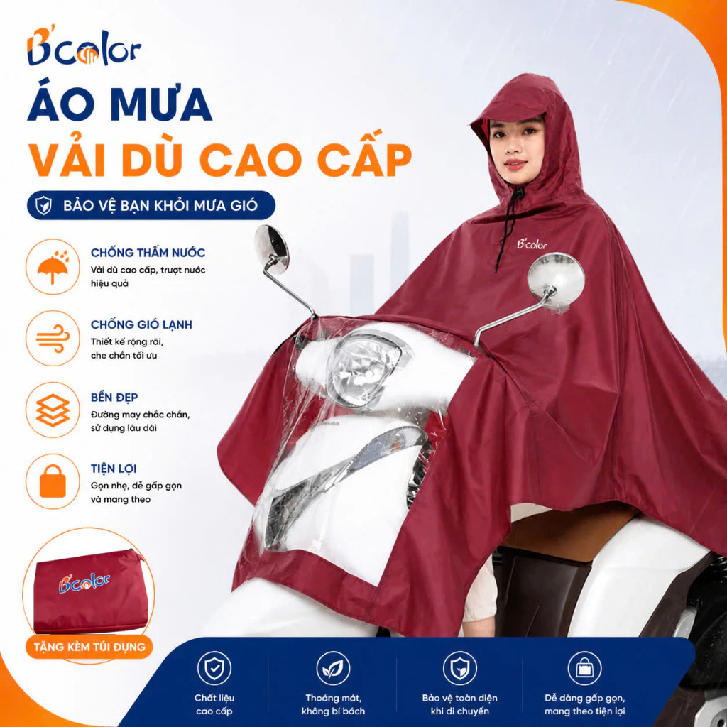 Áo mưa cánh dơi vải dù cao cấp chống thấm, chống nước kèm túi