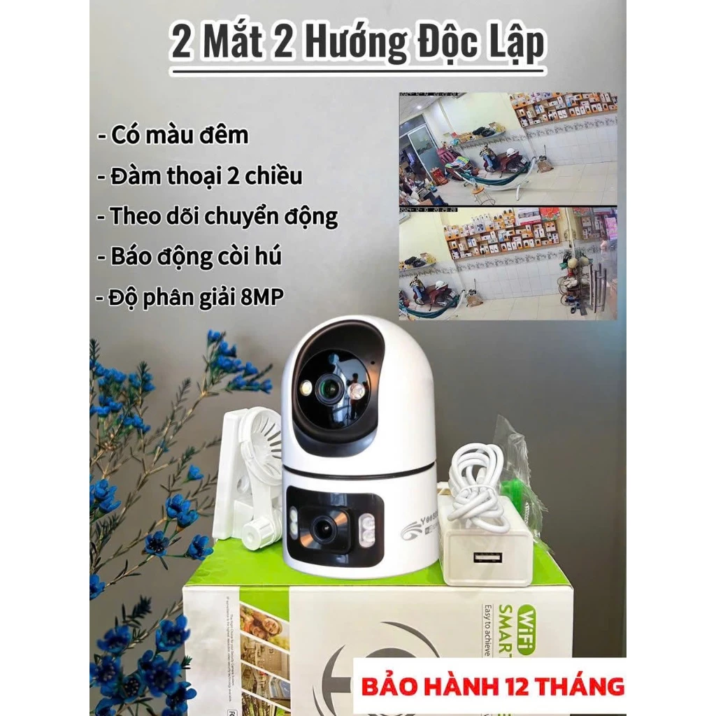 (TẶNG DÂY NỐI 5M đơn cam+thẻ)Camera Yoosee Trong Nhà 2 Mắt Q86 Xoay 360,Đàm Thoại 2 chiều,Đêm Có Màu