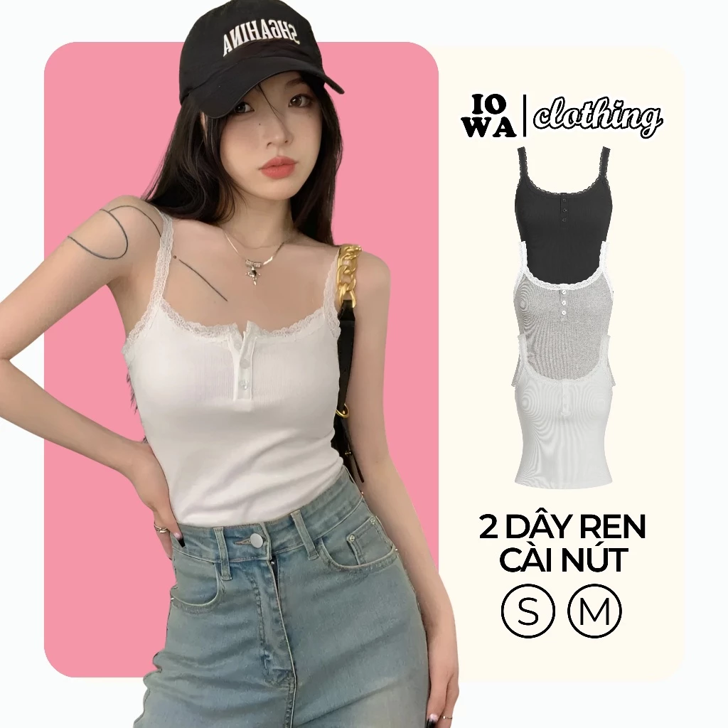 Áo Hai Dây Nữ Ren Cài Nút Ôm Body IOWA CR19 - Thun Gân Co Giãn, Tôn Dáng